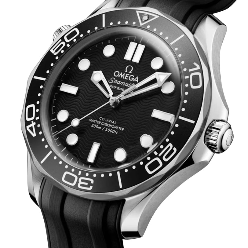 A close-up of the OMEGA Seamaster Diver 300M dive watch featuring a black dial, white markers, rotating bezel, stainless steel case, and black rubber strap.