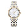 The OMEGA De Ville Prestige features a two-tone design, diamond-set bezel, mother-of-pearl dial, gold Roman numeral markers, and a date display at 6 o’clock.