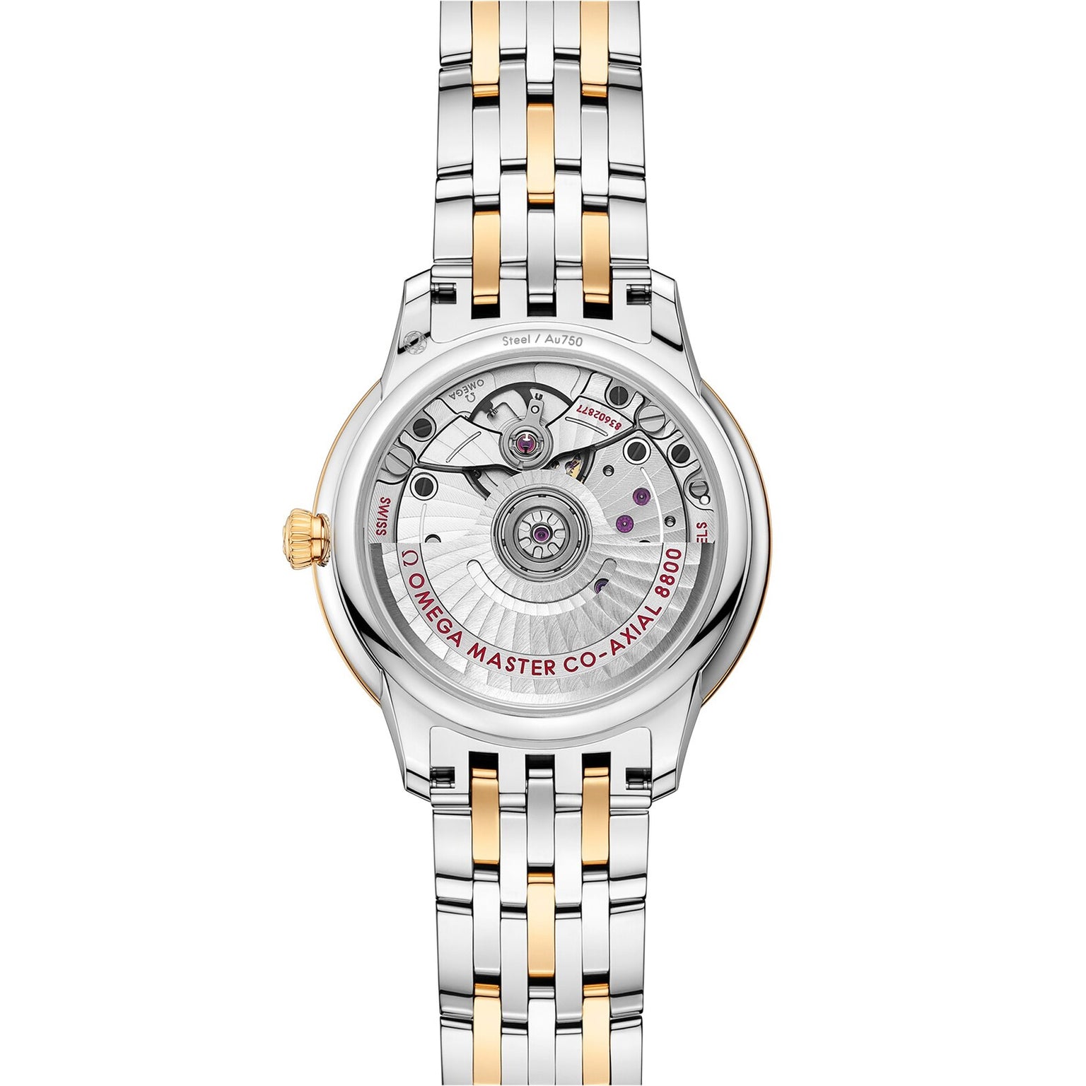 The back view of the OMEGA De Ville Prestige wristwatch reveals its exposed mechanical movement and engraved details through a transparent case back.