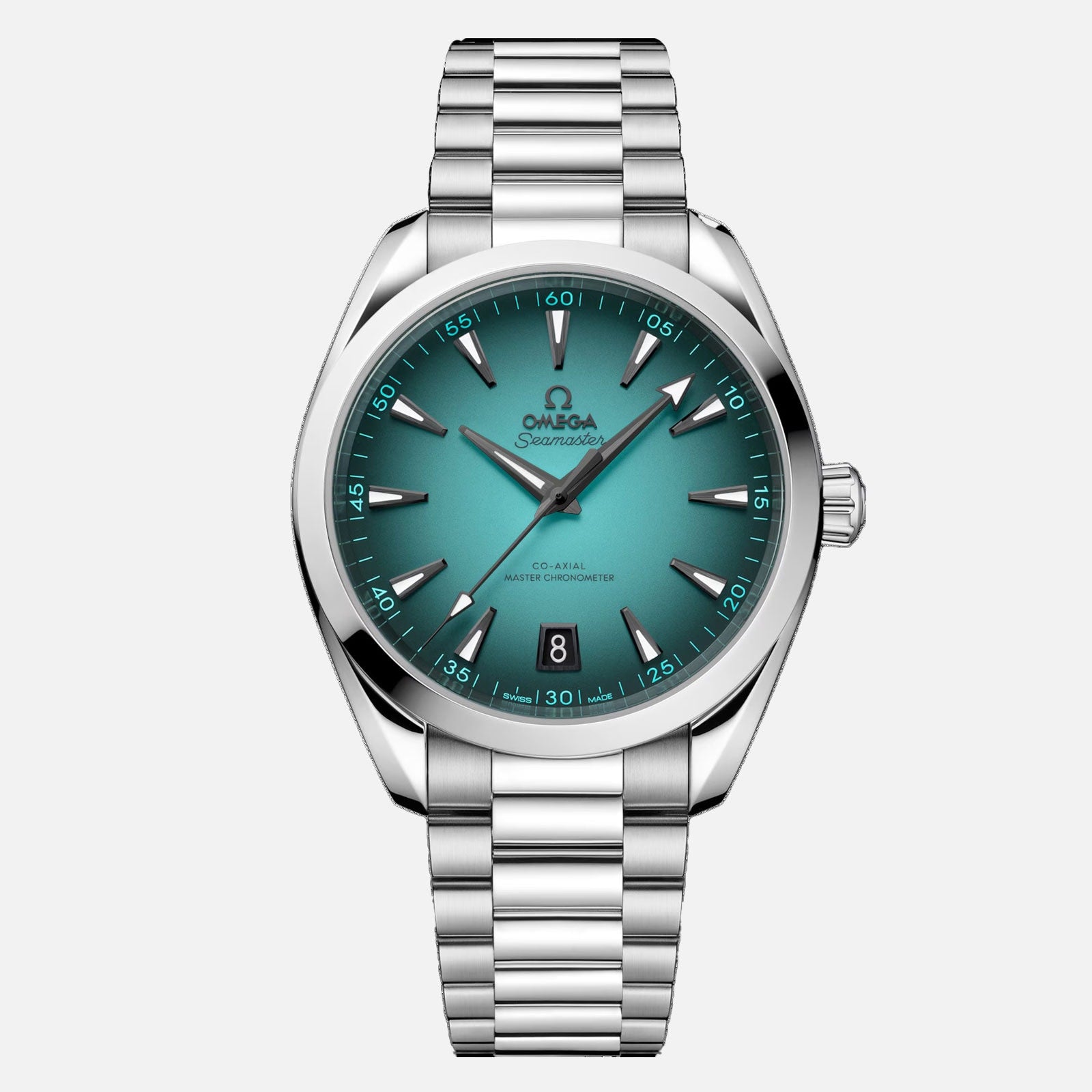 The OMEGA Seamaster Aqua Terra 150M features a stainless steel case, turquoise dial, silver hour markers, date window at 6 o’clock, and metal bracelet—a tribute to OMEGA’s maritime heritage.