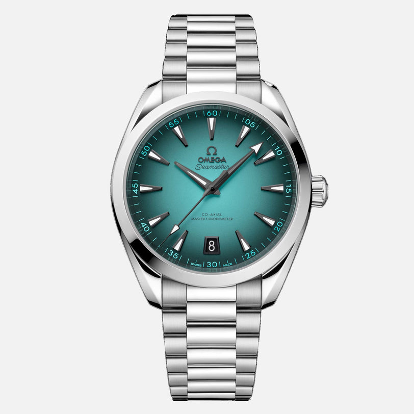 The OMEGA Seamaster Aqua Terra 150M features a stainless steel case, turquoise dial, silver hour markers, date window at 6 o’clock, and metal bracelet—a tribute to OMEGA’s maritime heritage.