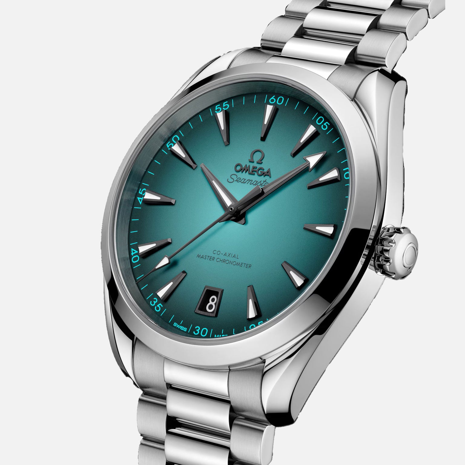 A close-up of the OMEGA Seamaster Aqua Terra 150M wristwatch featuring a teal dial, silver hour markers, Co-Axial Master Chronometer movement, date at 6 o’clock, and a stainless steel bracelet—reflecting its maritime heritage.
