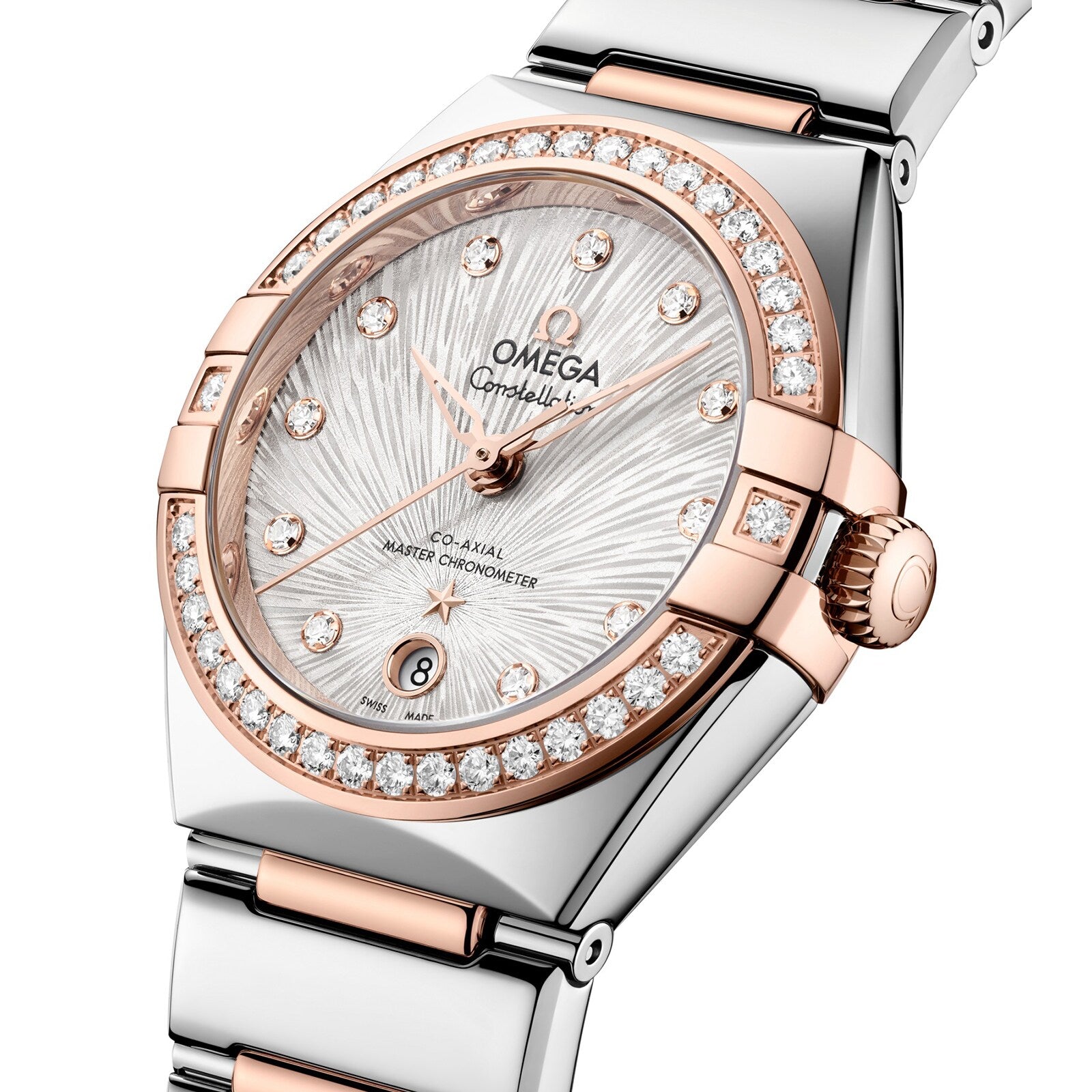 A close-up of an OMEGA Constellation watch featuring a silver dial, diamond hour markers, and a two-tone stainless steel and rose gold bracelet.