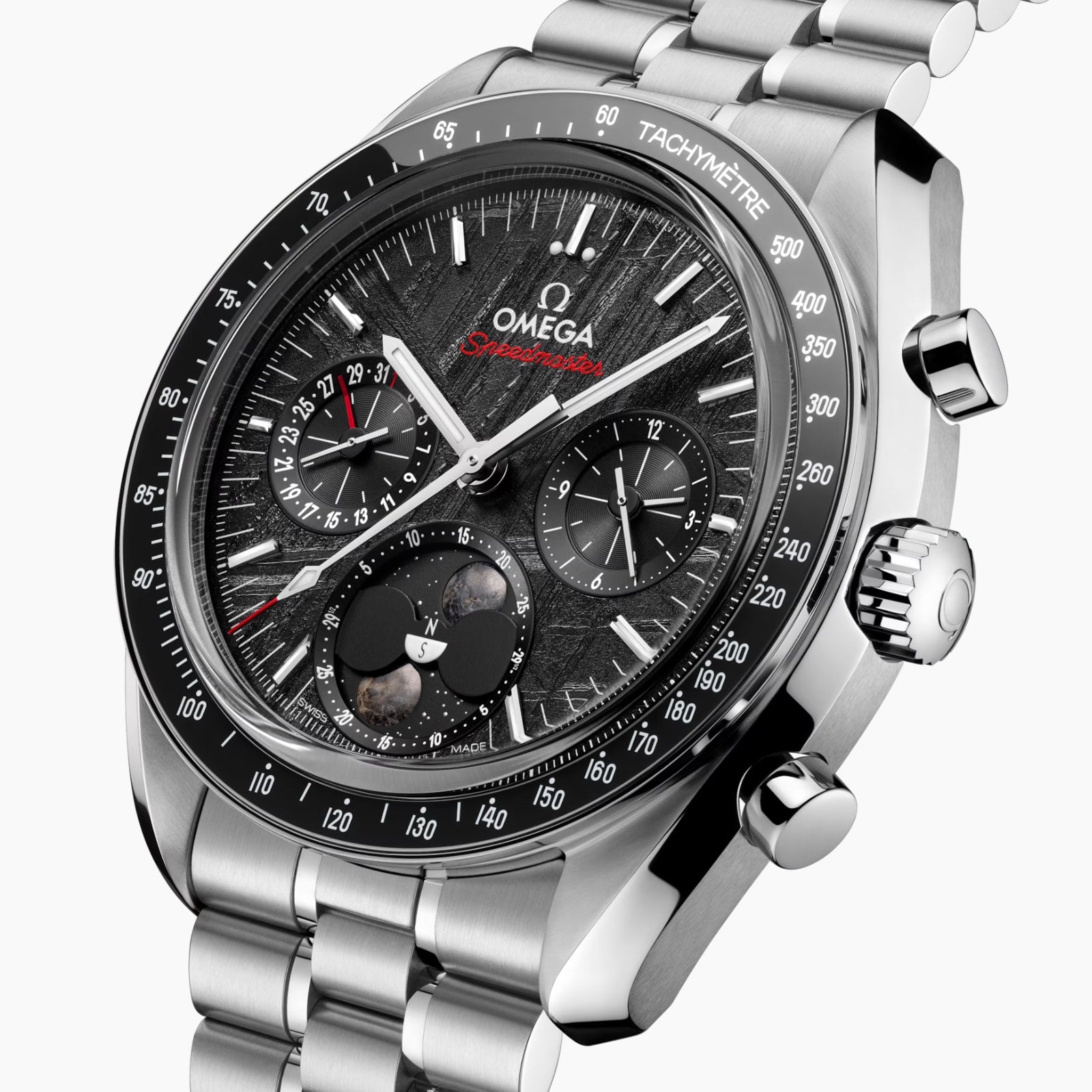 Close-up of the OMEGA Speedmaster Moonphase featuring a stainless steel band, black textured dial, chronograph subdials, and a bezel marked Tachymètre.