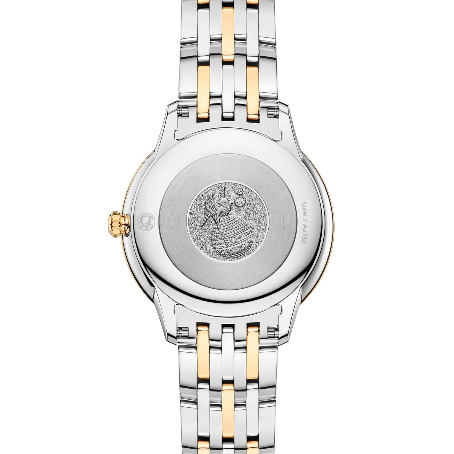 Back view of the OMEGA De Ville Prestige, featuring a round stainless steel case with engraved emblem and a silver-gold two-tone metal link bracelet.