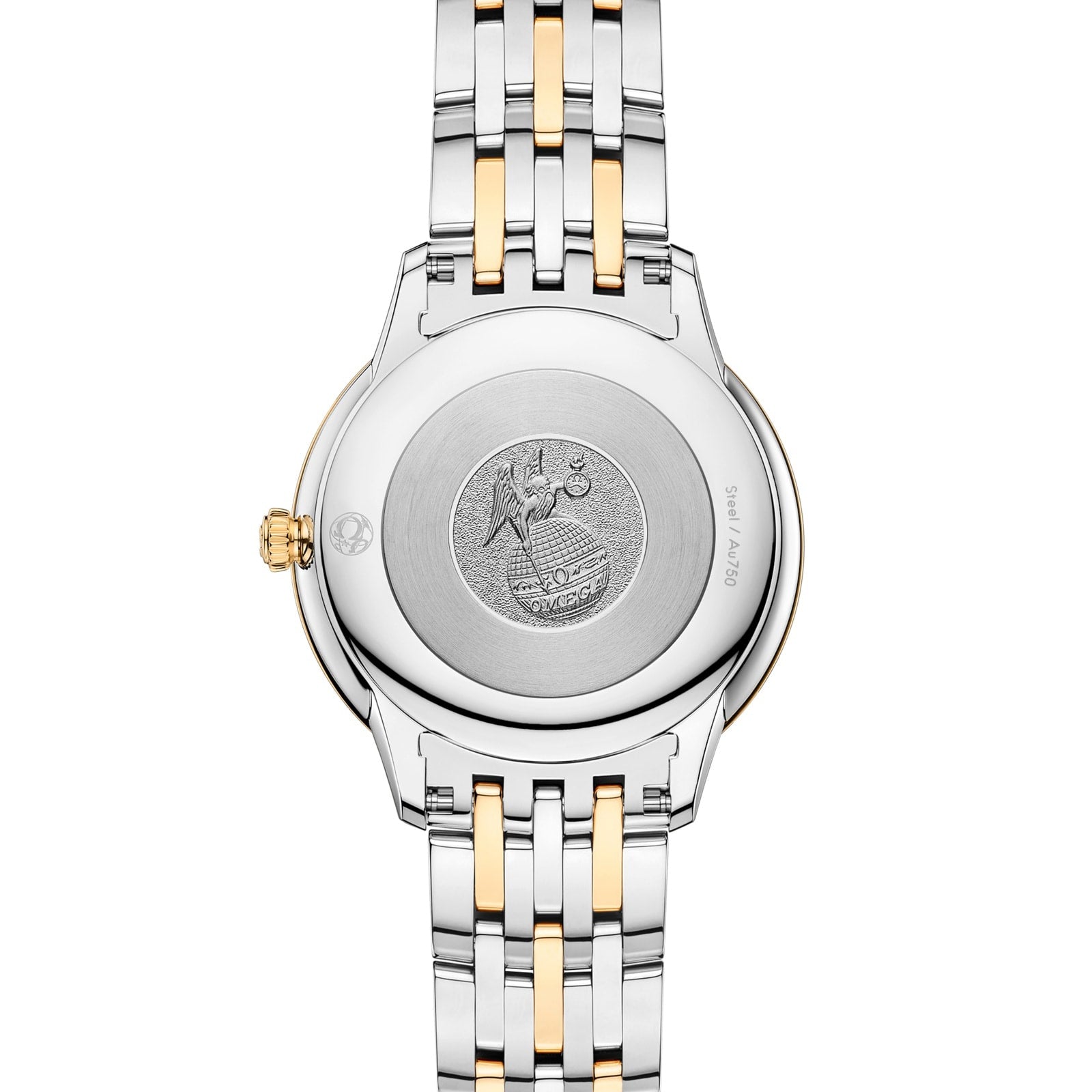 Back view of the OMEGA De Ville Prestige, featuring a round stainless steel case with engraved emblem and a silver-gold two-tone metal link bracelet.
