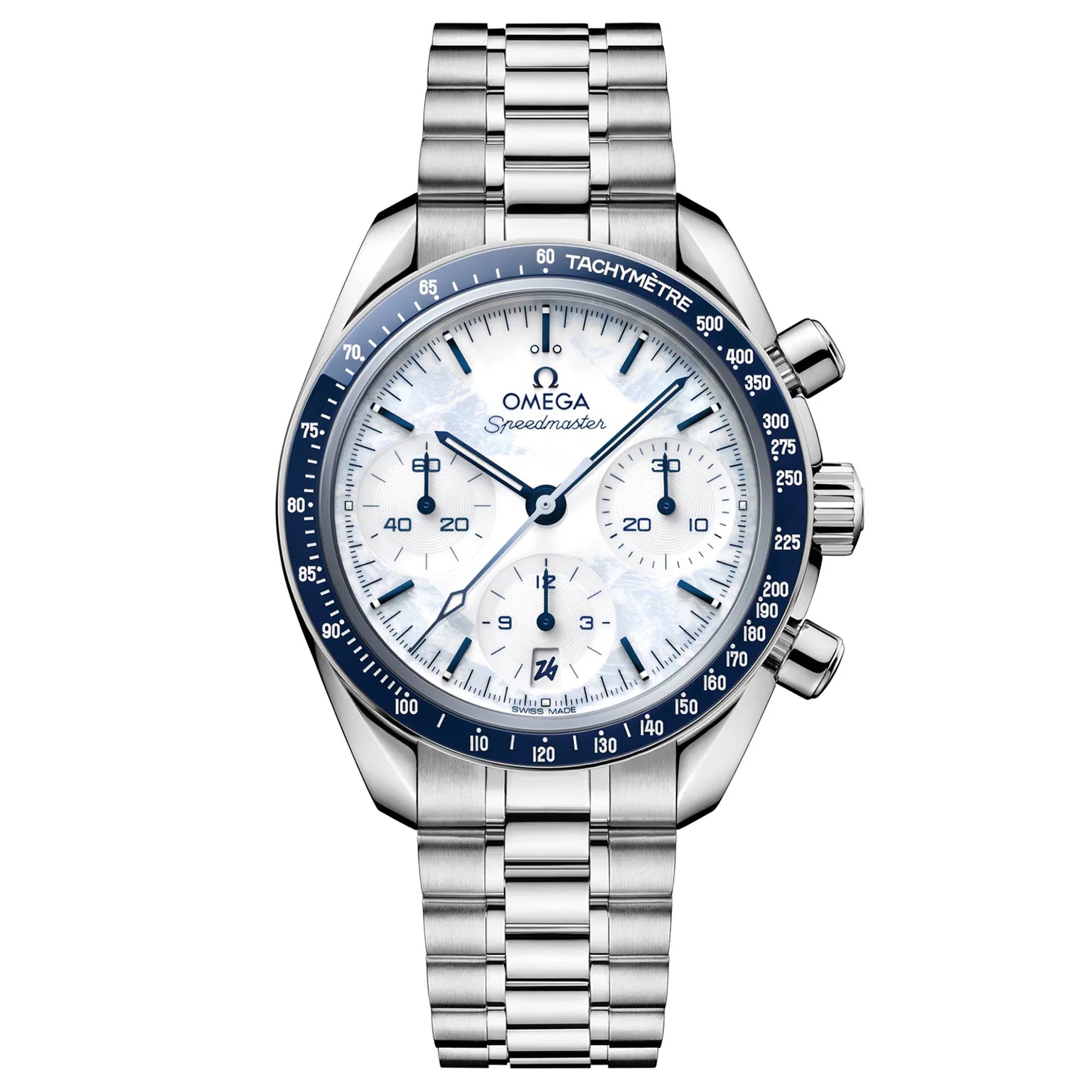 Silver and blue watch with Omega branding on a white background
