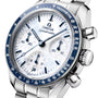 Omega Speedmaster watch with blue and silver design on a white background