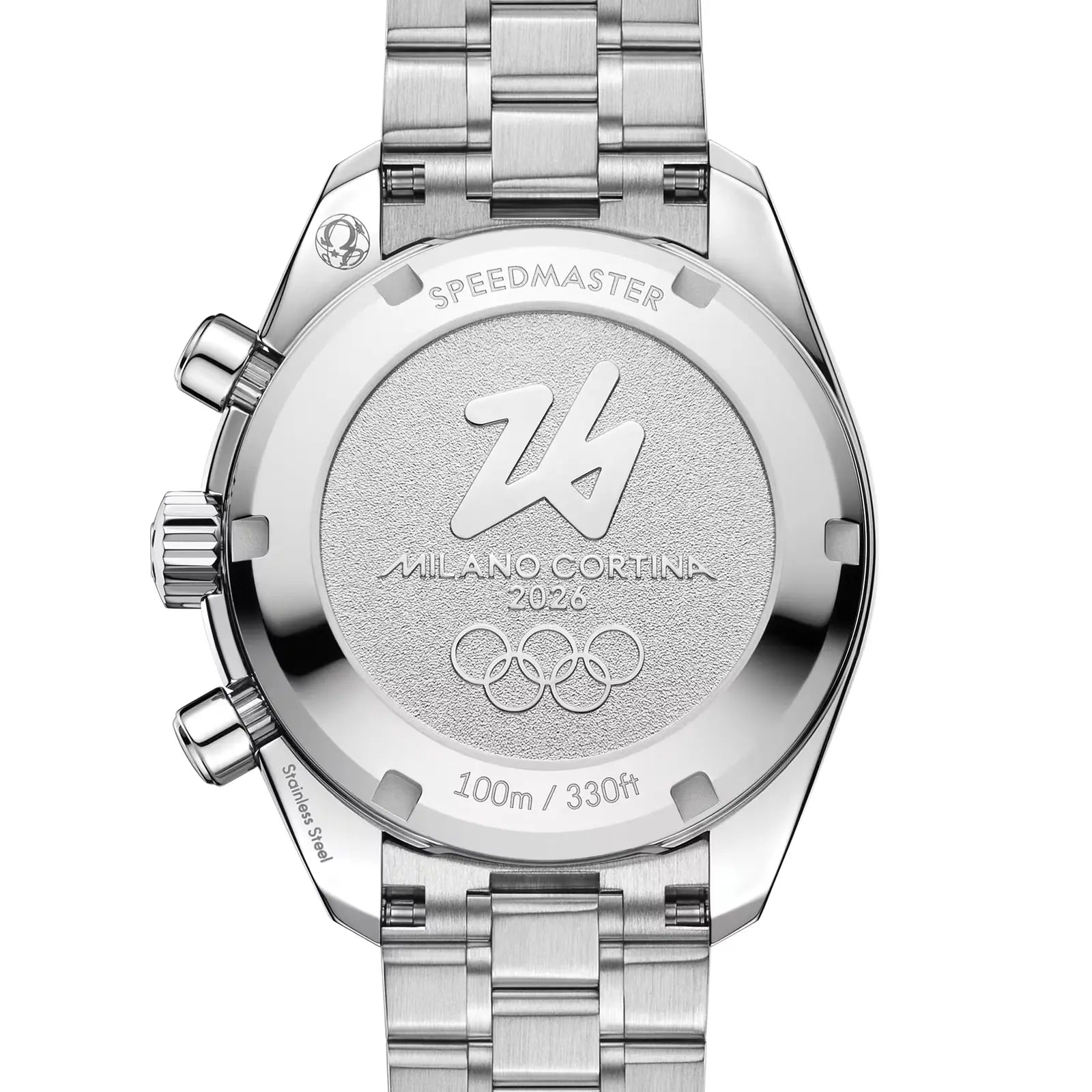 Silver watch with 'Milano Cortina 2026' and Olympic logo on a white background