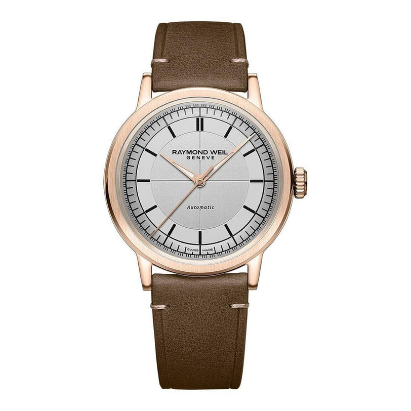 The Raymond Weil Millesime Automatic Silver Sector Dial features a round silver dial, black markers, rose gold case, and brown leather strap—a refined Swiss-made wristwatch exemplifying luxury craftsmanship.