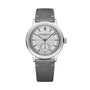 The Raymond Weil Millesime Automatic Small Seconds Silver Sector Dial features a silver dial, black hour markers, small seconds subdial, and a grey leather strap—showcasing timeless horological elegance.