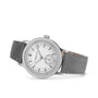 The Raymond Weil Millesime Automatic Small Seconds Silver Sector Dial wristwatch features a white dial with black hour markers, a small seconds subdial, and a gray leather strap, shown on a white background—a true horological piece.