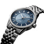A close-up of the Raymond Weil Freelancer Automatic Blue Dial wristwatch, featuring a sunrayed blue dial, silver hour markers, date window, stainless steel bracelet, and a Swiss-made automatic movement.