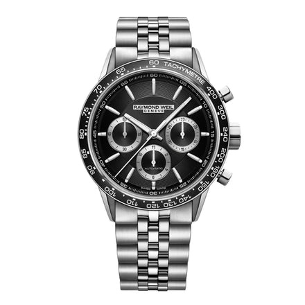 The Raymond Weil Freelancer Automatic Chronograph features a black dial, three subdials, a tachymeter bezel, and an automatic movement, all in stainless steel and displayed facing forward.