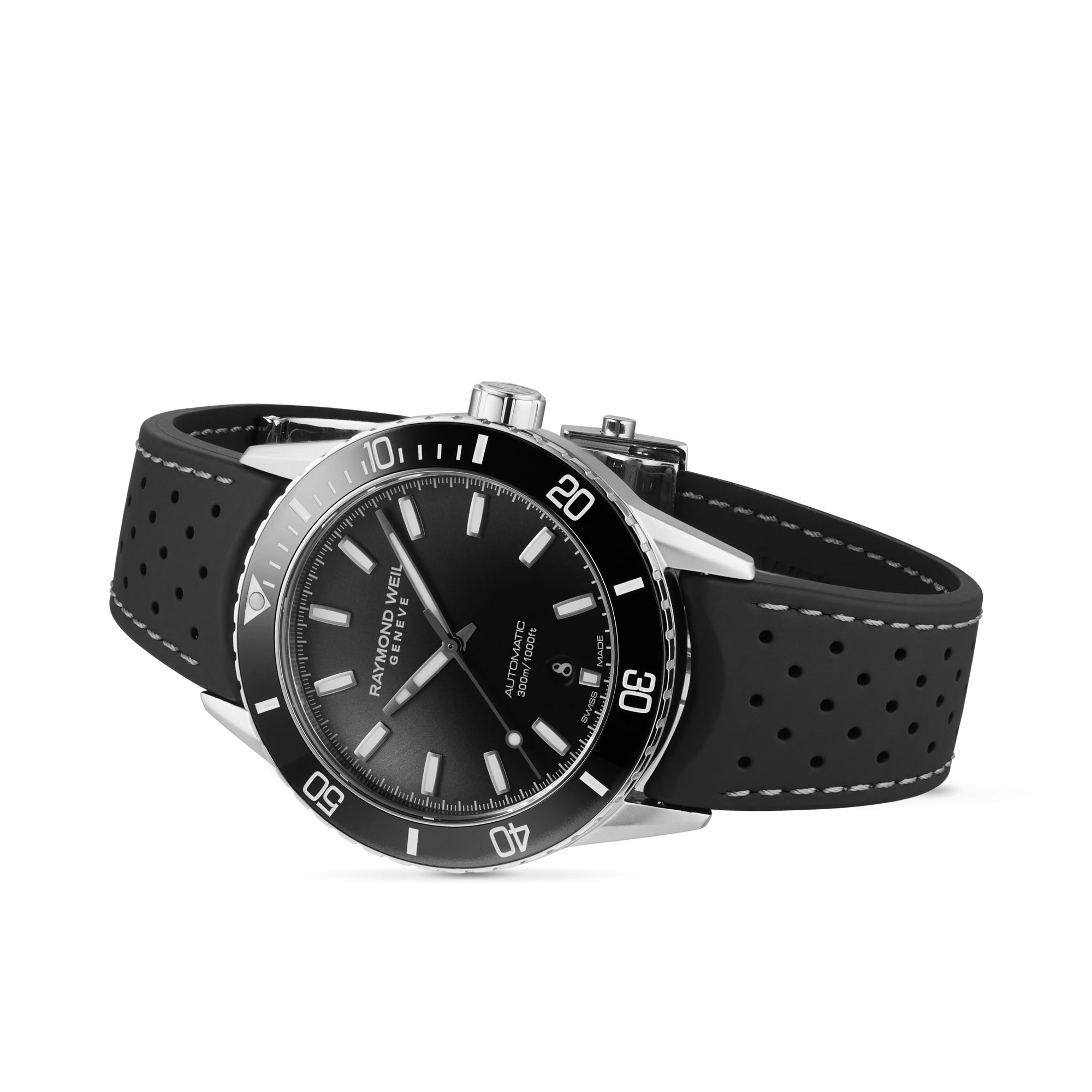 The Raymond Weil Freelancer Diver Black Dial wristwatch features a black bezel, a minimalistic dial, and a perforated black strap, displayed against a white background.
