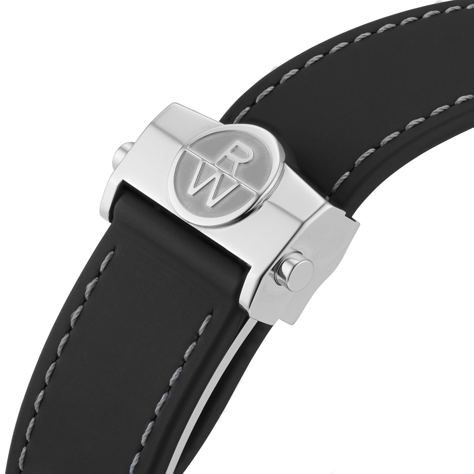 Close-up of the Raymond Weil Freelancer Diver Black Dial’s black strap with white stitching and a silver RW-engraved clasp, showcasing affordable luxury that enhances its minimalistic design.