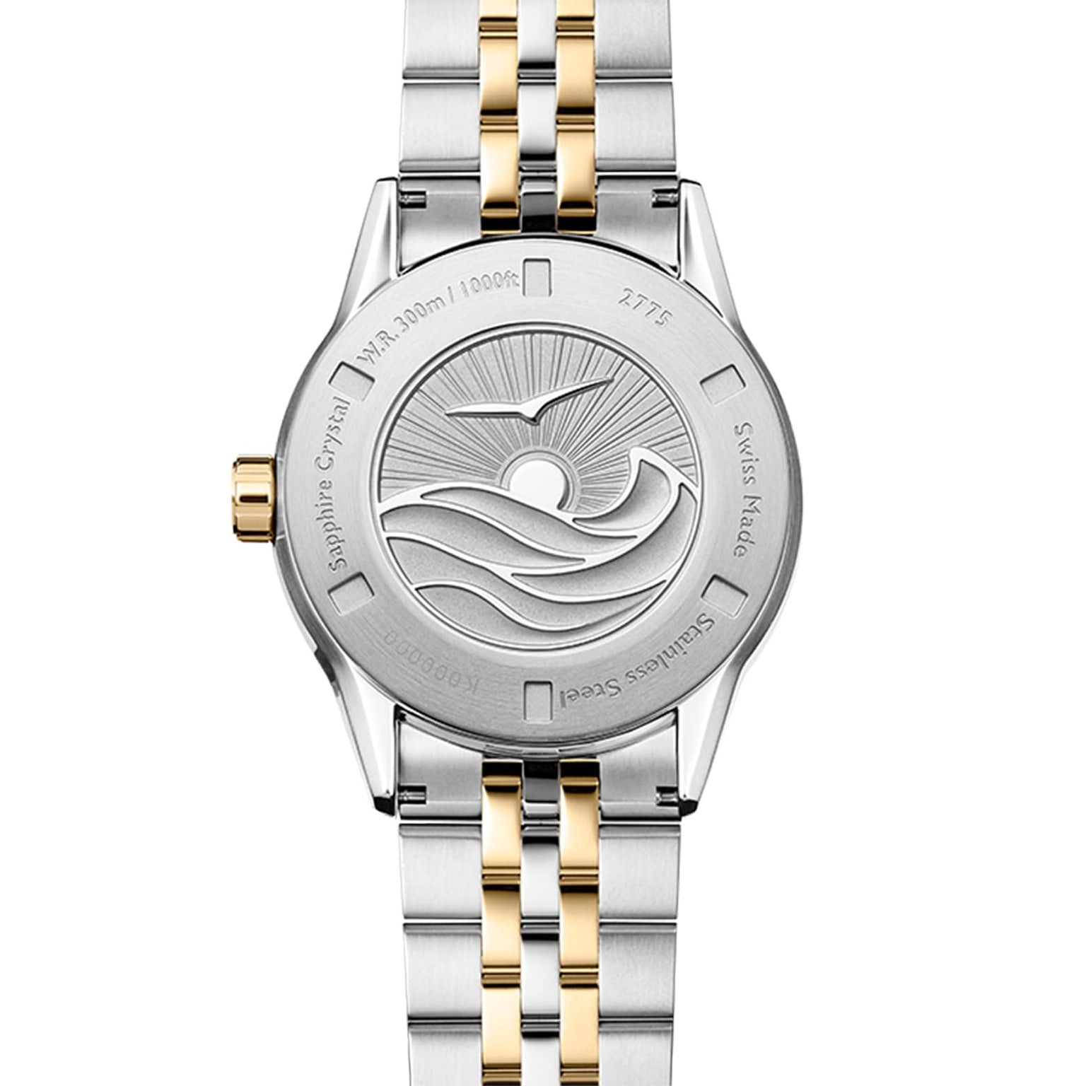 The back of the Raymond Weil Freelancer Diver Gradient Blue Dial watch features an engraved wave and sun design, along with text highlighting its Calibre RW4200 specifications.