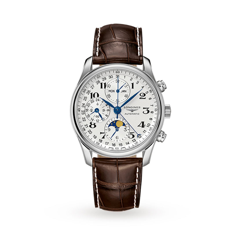 The Longines Master Collection Chrono Moonphase features a stainless steel case, white dial with black numerals, multiple subdials, brown leather strap, and displays time, date, day, month, and moonphase chronograph.