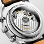 Close-up of the transparent case back of the Longines Master Collection Chrono Moonphase, showing the automatic movement and engraved rotor inside its stainless steel case.