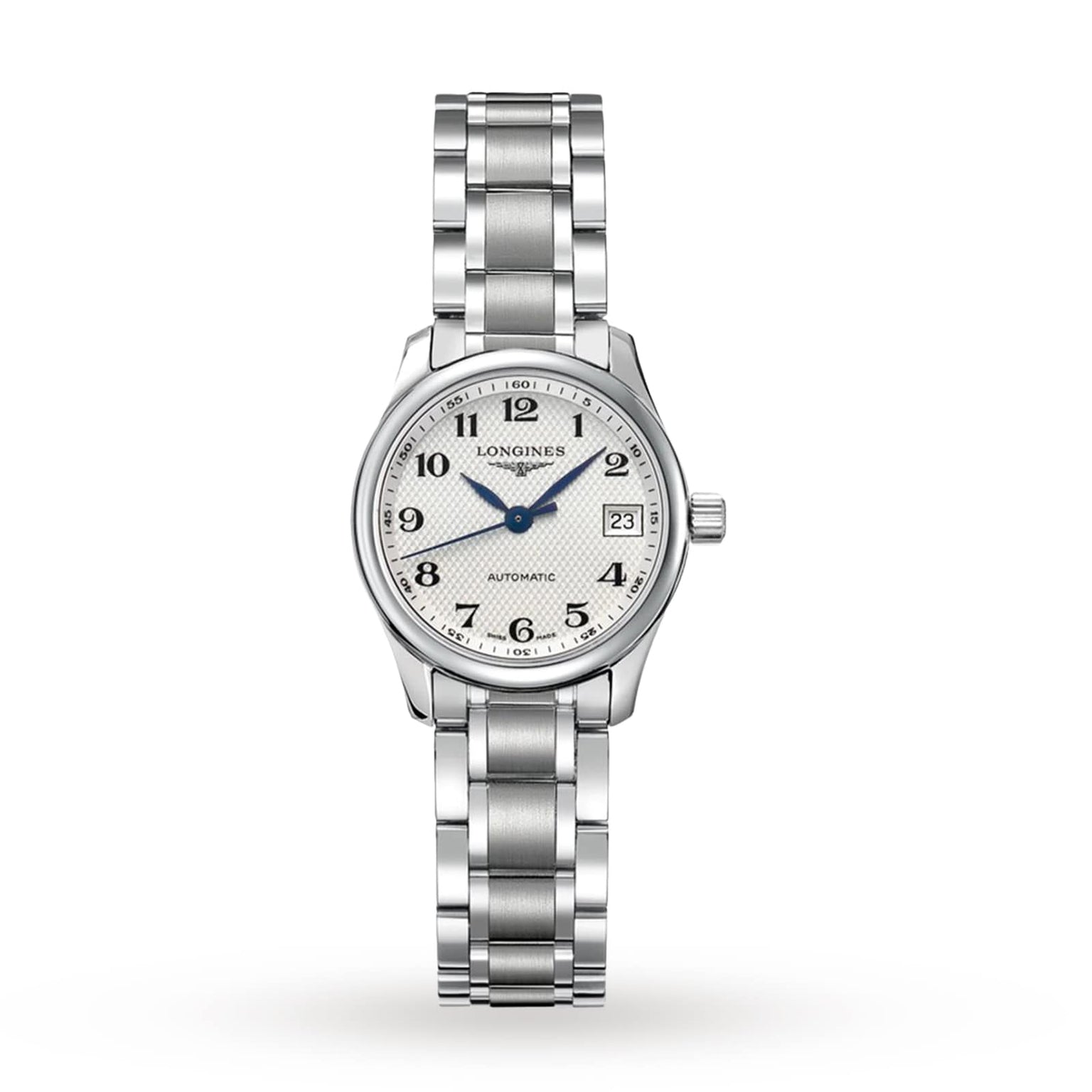 The Longines Master Collection features a stainless steel case, silver dial, blue hands, black Arabic numerals, date at 3 o’clock, L592 calibre movement, and a matching steel bracelet.