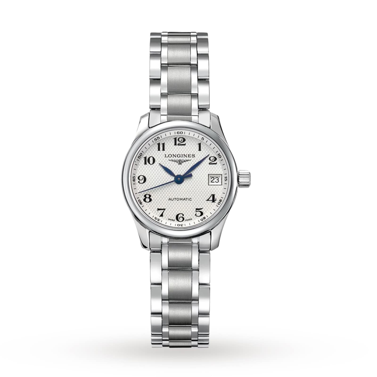 The Longines Master Collection features a stainless steel case, silver dial, blue hands, black Arabic numerals, date at 3 o’clock, L592 calibre movement, and a matching steel bracelet.