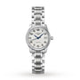 The Longines Master Collection features a stainless steel case, silver dial, blue hands, black Arabic numerals, date at 3 o’clock, L592 calibre movement, and a matching steel bracelet.