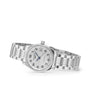 The Longines Master Collection wristwatch features a silver stainless steel bracelet, white dial with black Arabic numerals, three hands, date at 3 o’clock, and is shown on a plain white background.