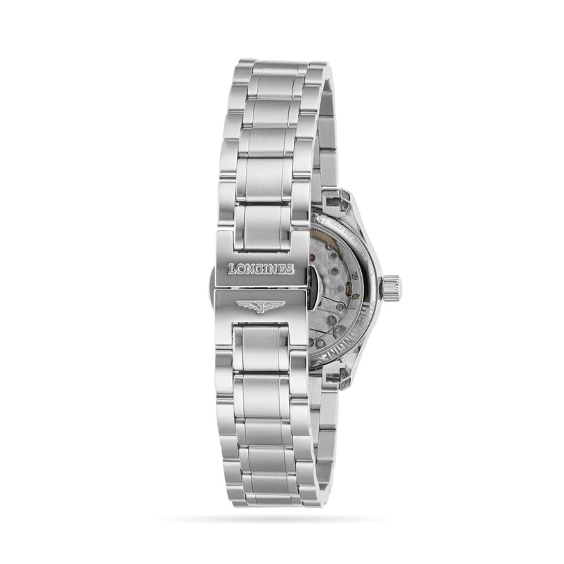 Rear view of the Longines Master Collection watch, showing its stainless steel bracelet, branded clasp, and L592 calibre movement through the transparent case back.