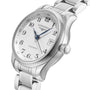 The Longines Master Collection is an automatic wristwatch featuring a silver stainless steel bracelet, white dial with black numerals, blue hands, date at 3 oclock, and L592 calibre movement.