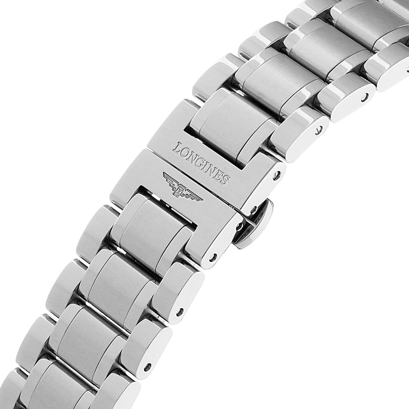 Close-up of a Longines Master Collection stainless steel watch bracelet, showcasing a clasp engraved with the Longines logo and signature winged hourglass.