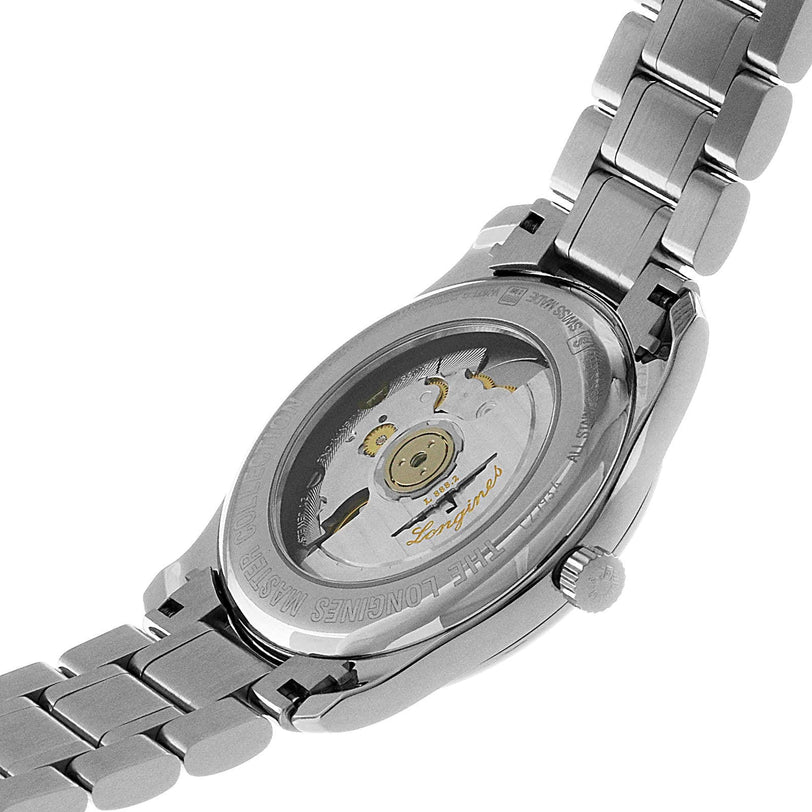Close-up of the Longines Master Collection wristwatch’s stainless steel case and transparent caseback, showcasing the detailed inner movement.
