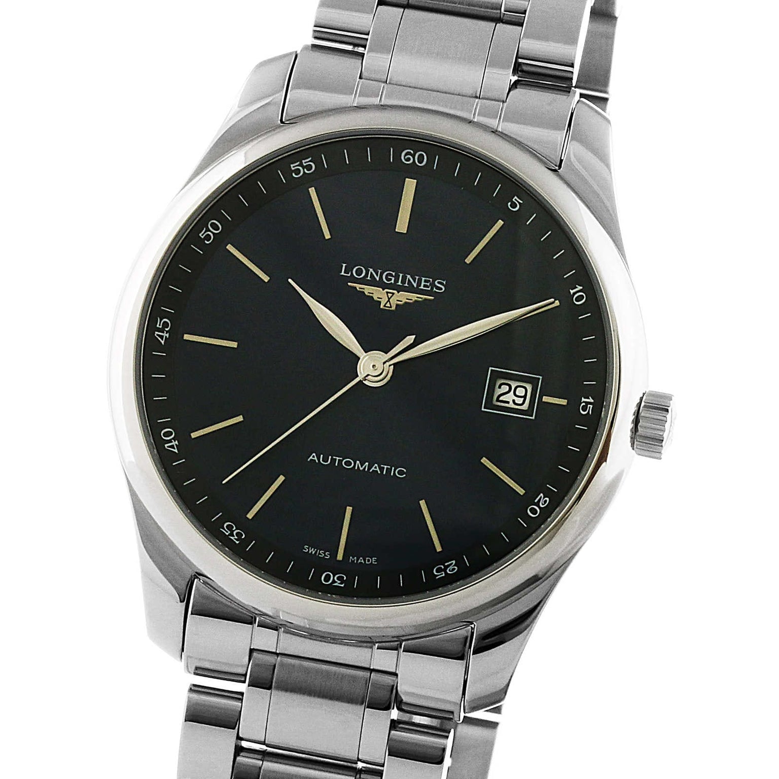 The Longines Master Collection features an automatic movement, black dial, silver hands and hour markers, date window at 3 o’clock, and a stainless steel bracelet.