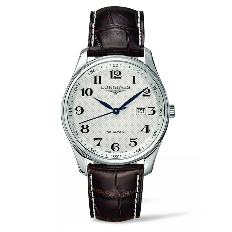 The Longines Master Collection men’s watch features a silver case, white dial with black numerals, date display, brown leather strap, and automatic movement.
