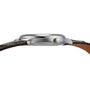 Side view of the Longines Master Collection watch with a silver ‘barleycorn’ dial, black leather strap, and crown on the right.