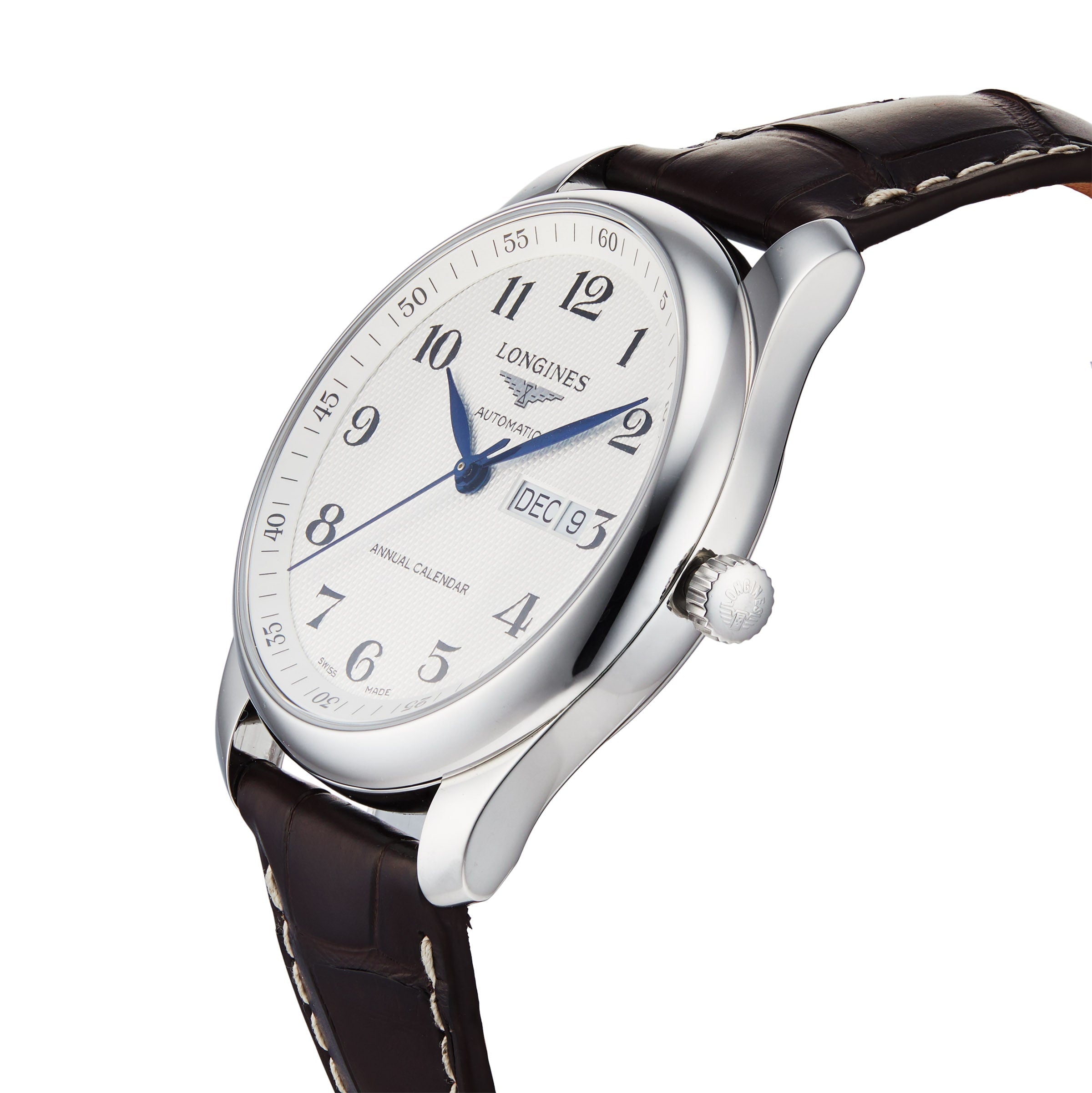 A Longines Master Collection watch featuring a silver case, white dial, blue hands, Arabic numerals, brown leather strap, visible date set to December 9, and powered by the precise L897.2 calibre movement.