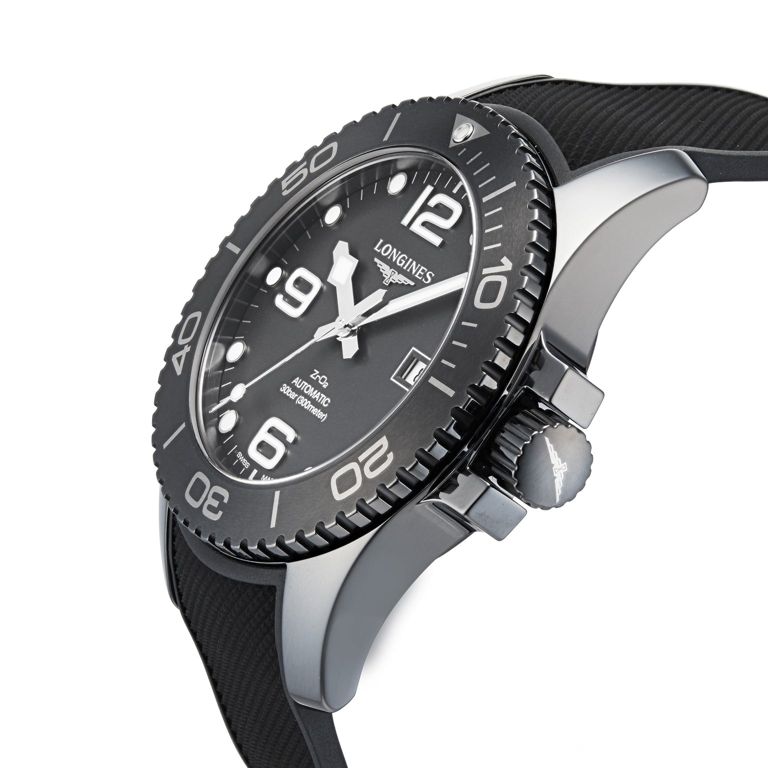 A close-up of the Longines HydroConquest wristwatch, featuring an automatic movement, black dial, rotating bezel, bold hour markers, and a date display, showcased at an angled view.