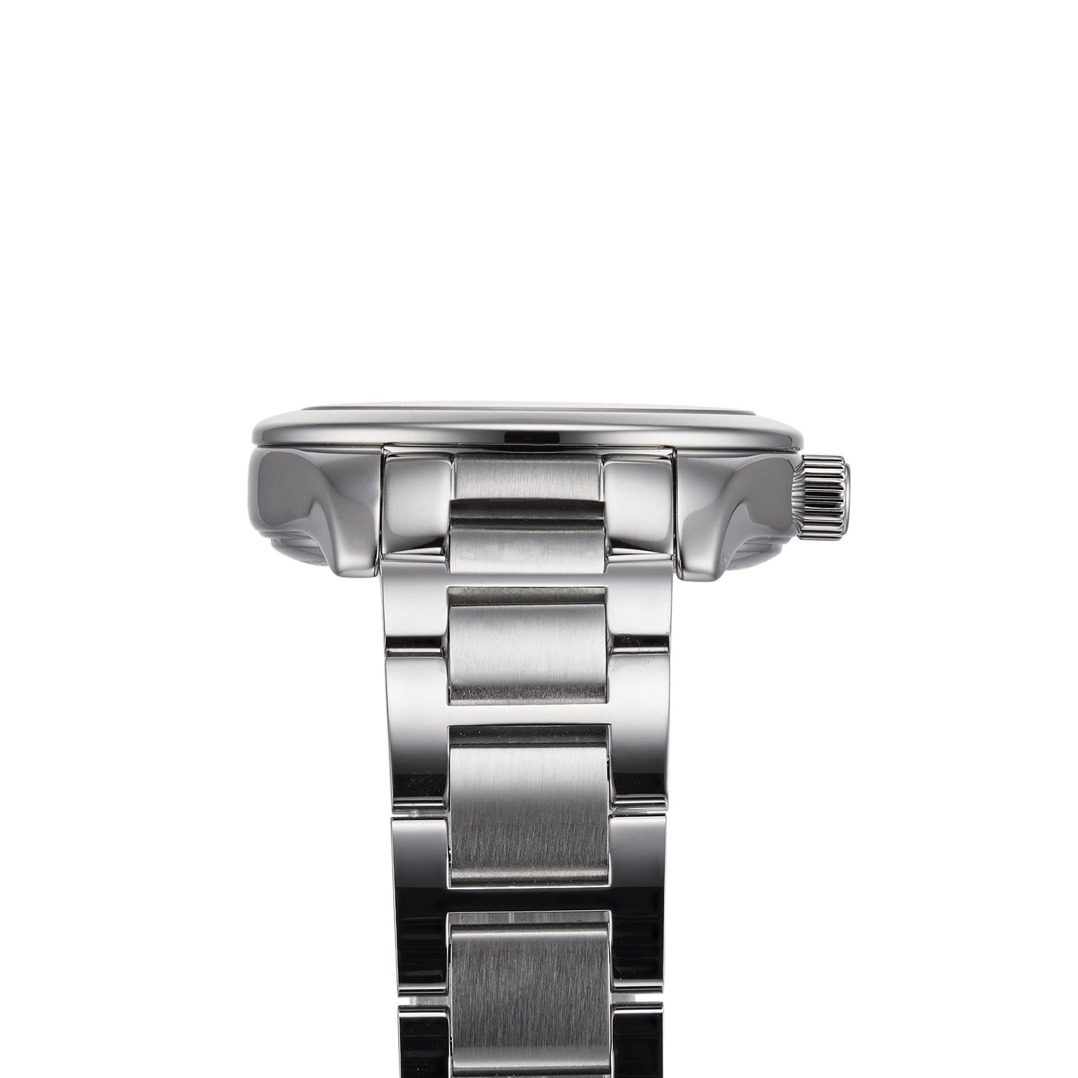 Side view of the Longines Conquest Classic wristwatch, showcasing its stainless steel case and metal link bracelet, with visible crown, set against a white background.