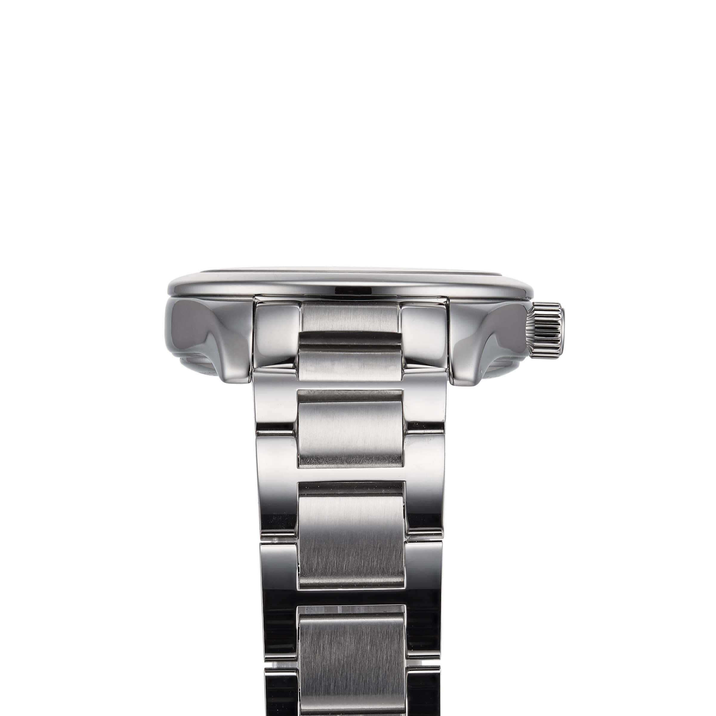 Side view of the Longines Conquest Classic wristwatch, showcasing its stainless steel case and metal link bracelet, with visible crown, set against a white background.