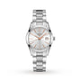 A Longines Conquest Classic wristwatch featuring a stainless steel case, metal band, white dial with gold hour markers and hands, plus a date window at 3 o’clock.