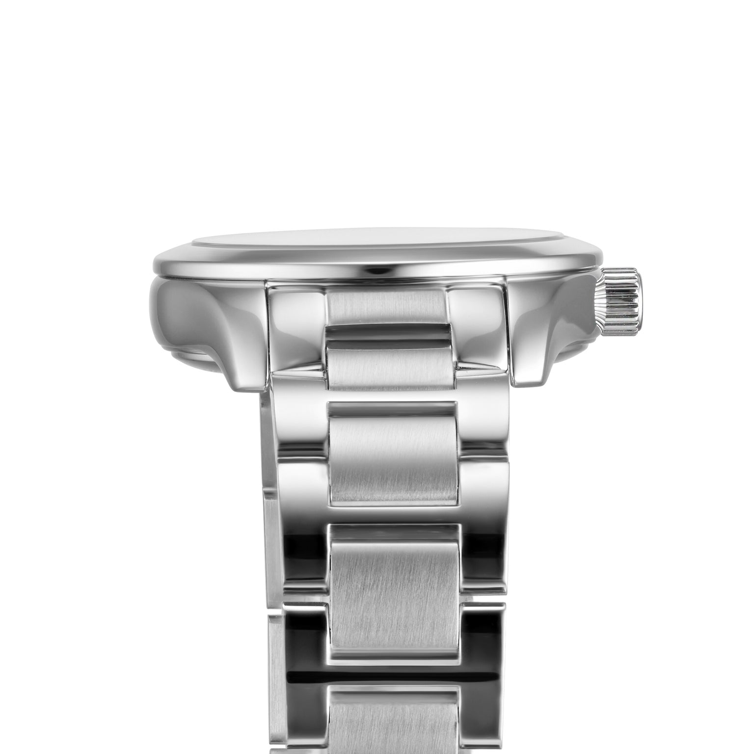 Side view of the Longines HydroConquest diving watch in silver metal, showcasing its link bracelet and round crown on a plain white background.