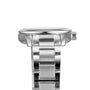 Side view of the Longines HydroConquest diving watch in silver metal, showcasing its link bracelet and round crown on a plain white background.