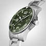 The Longines HydroConquest is a stainless steel diving watch featuring a green dial and bezel, silver hour markers, date window, and automatic L888 movement.