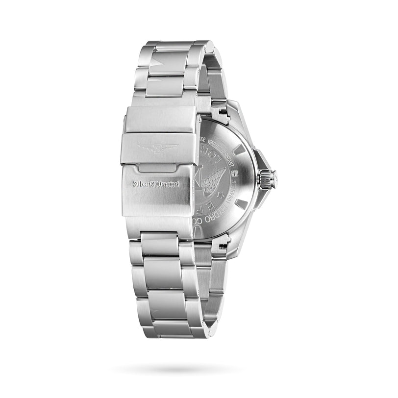 The image displays the Longines HydroConquest, showcasing its stainless steel caseback with engraved details and the distinctive clasp.