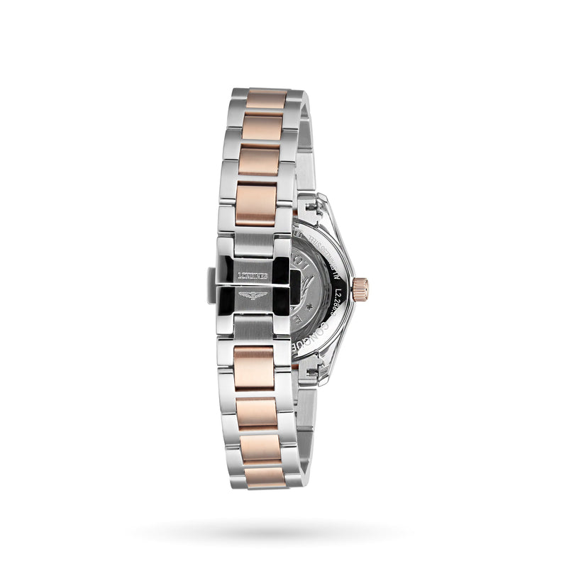 A close-up of the back of a Longines Conquest Classic wristwatch with a stainless steel and PVD bracelet in silver and rose gold, highlighting the clasp and case back on a white background.