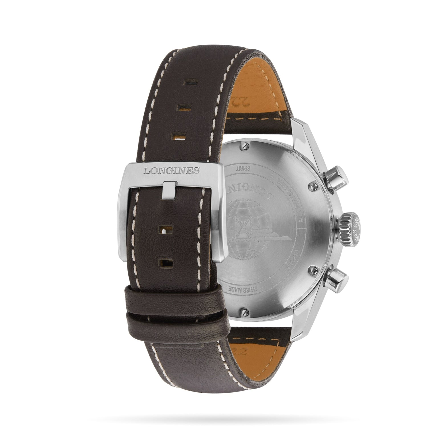 Back view of the Longines Spirit Chronograph, featuring a brown leather strap with a silver LONGINES-engraved buckle and a stainless steel case with two side buttons and a transparent case back revealing the L688.4 calibre movement.