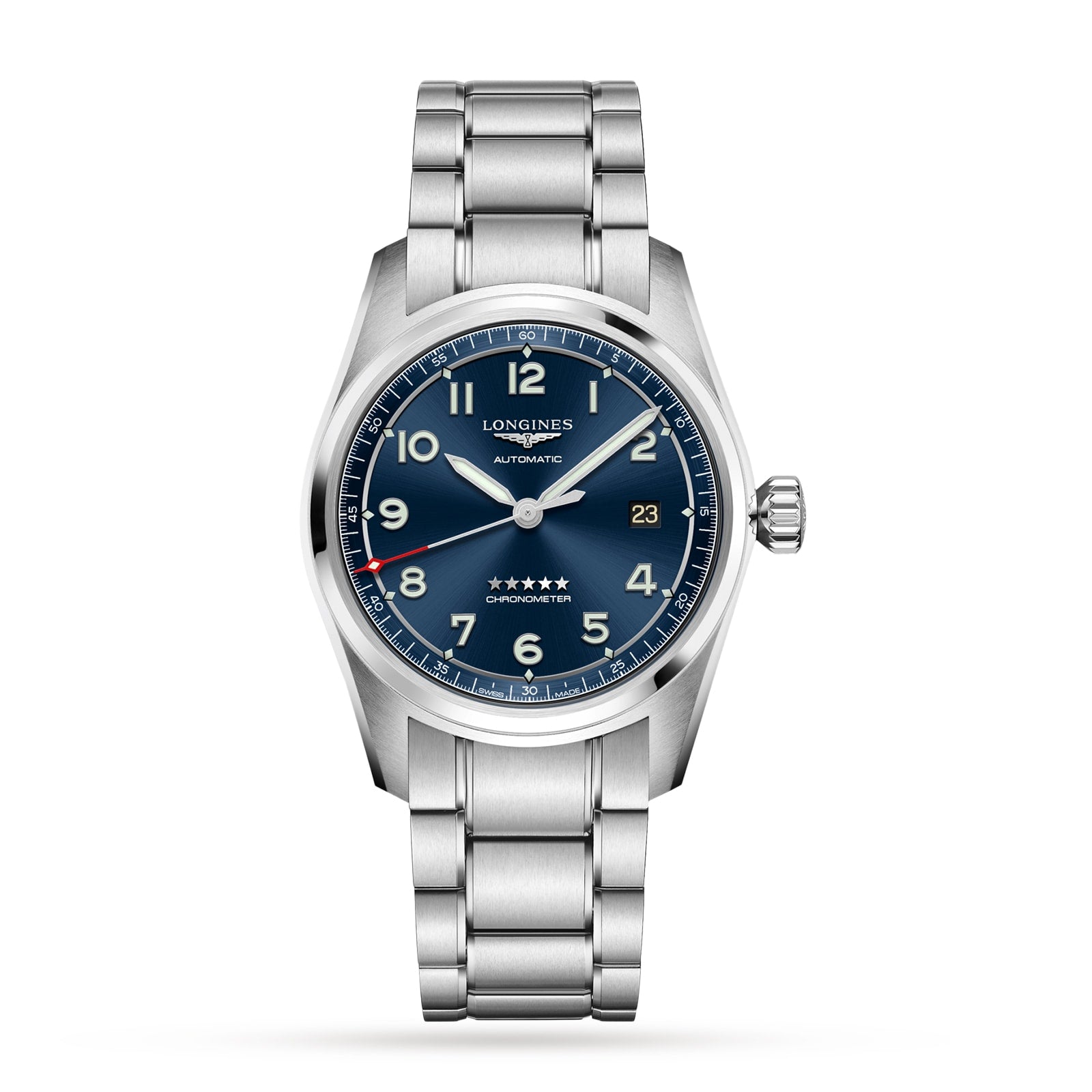The Longines Spirit Prestige Edition is a stainless steel wristwatch featuring a blue dial, silver hour markers, date at 3 o’clock, and a five-star emblem above CHRONOMETER, celebrating the brands aviation heritage.