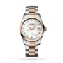 The Longines Conquest Classic is a two-tone watch with a silver and rose gold band, white dial, diamond hour markers, quartz movement, and a date display at 3 o’clock.