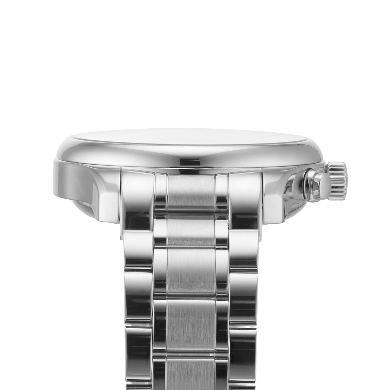 Side view of the Longines Master Collection Chrono Moonphase silver wristwatch with a metal link band, round crown, and automatic movement, displayed against a white background.