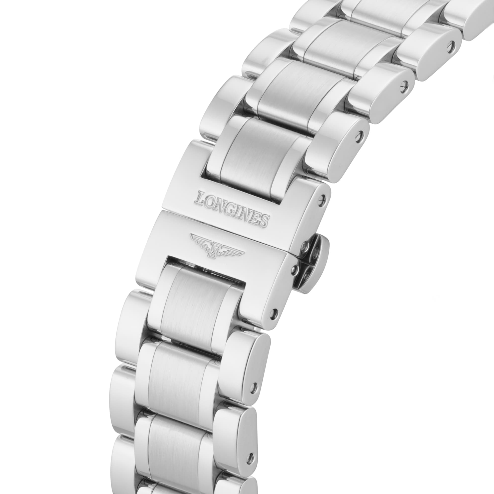Close-up of a silver metal watch bracelet with the Longines name and winged hourglass logo engraved on the clasp, highlighting the refined details of the Longines Master Collection Chrono Moonphase.