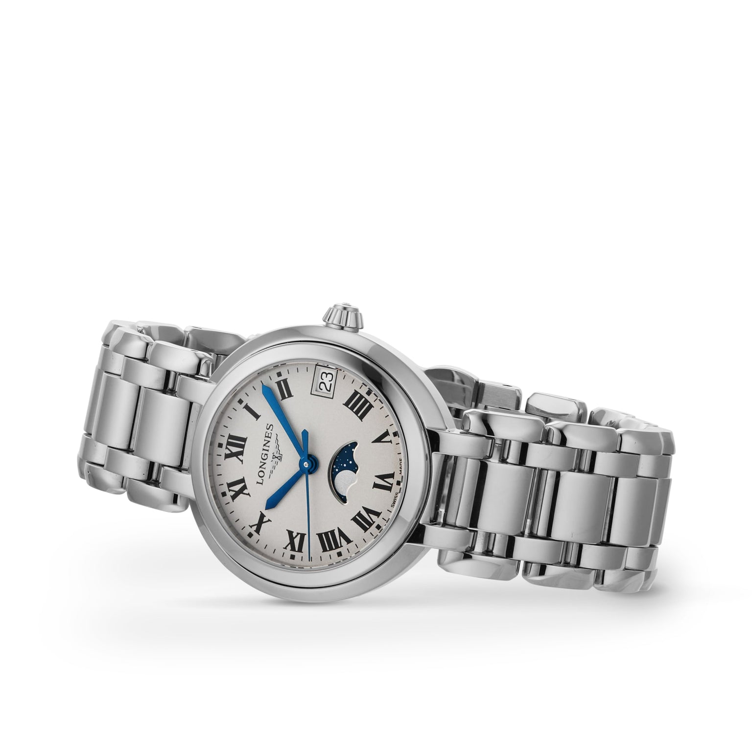 The Longines PrimaLuna Moonphase is a silver wristwatch featuring a white dial, Roman numeral hour markers, stainless steel case, moonphase and date displays, and a metal link bracelet.